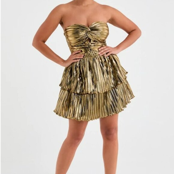 Lulus Ilyra Gold Lurex Plisse Cutout Strapless Mini Dress - Size S - Picture 2 of 3